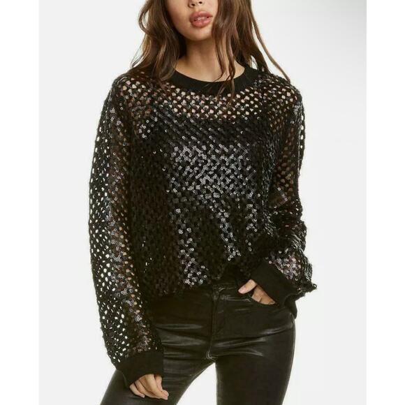 Tory Burch Small Black Lansing Sequin Open Knit Sweater Long Sleeve NWT - Picture 1 of 9